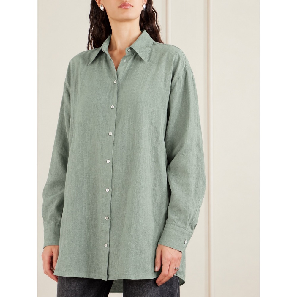 Lemaire Sage Green Silk Blend Oversized Button Down Shirt W213 SH281 LF208 Sz 44